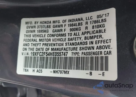 2017 Honda Civic Lx from USA, damaged, VIN 19XFC2F54HE055747